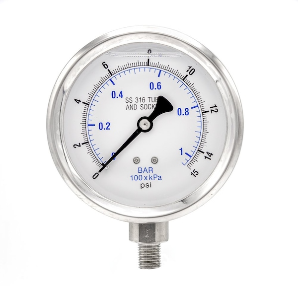 Pro 4 in Dial, 0/15 PSI & Bar, 1/4 in NPT, Lower Mount Glycerin Filled Pressure Gauge PRO-301L-404B-01 - main